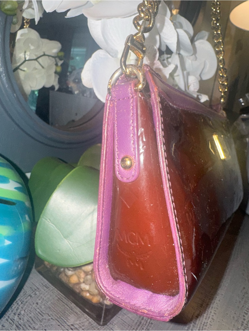 EUC MCM Patent Leather Crossbody in Deep Burgundy with Gold/Leather Chain - Picture 4 of 7
